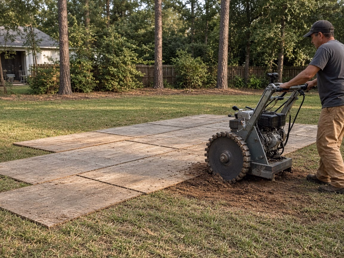 Boards laid over thin turf beside a stump grind — Stump Grinding in Fountain Inn