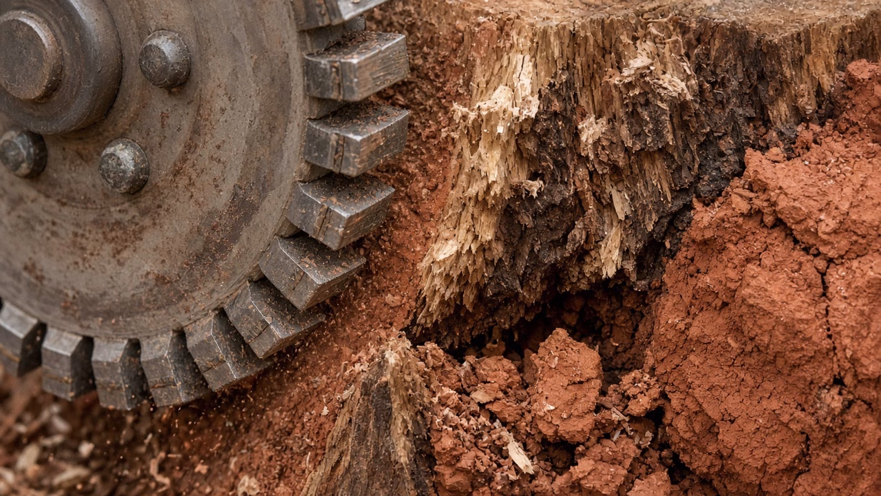 Grinder teeth cutting a stump down into clay — Stump Grinding in Fountain Inn