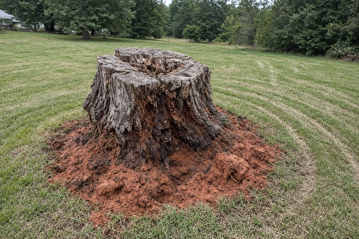 Hard stump crown sitting in red Piedmont clay — Stump Grinding in Fountain Inn