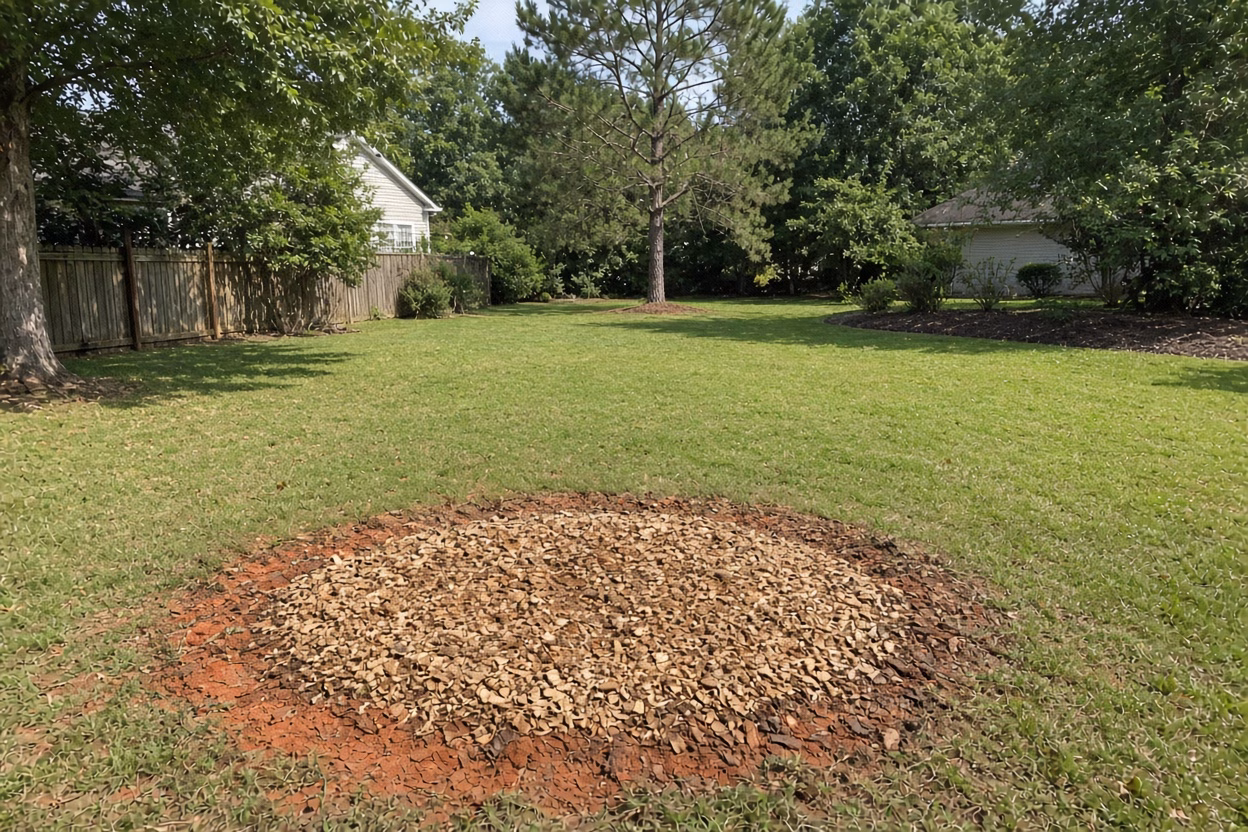Freshly ground stump bed level with a clay lawn — Stump Grinding in Fountain Inn