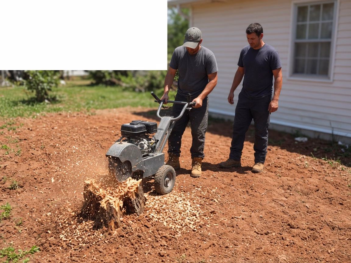 Crew running a stump grinder on a yard stump — Stump Grinding in Fountain Inn