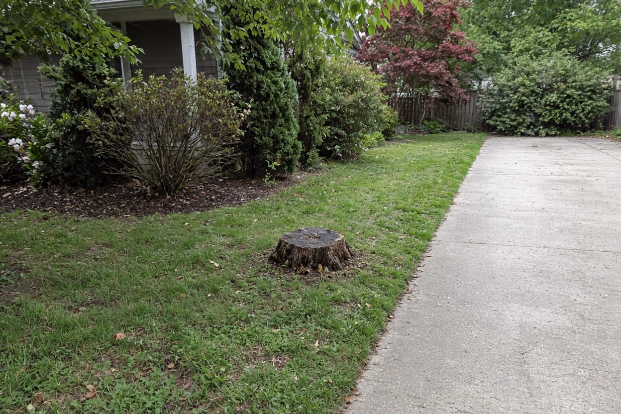 Leftover tree stump in a narrow front yard beside a driveway — Stump Grinding in Greer