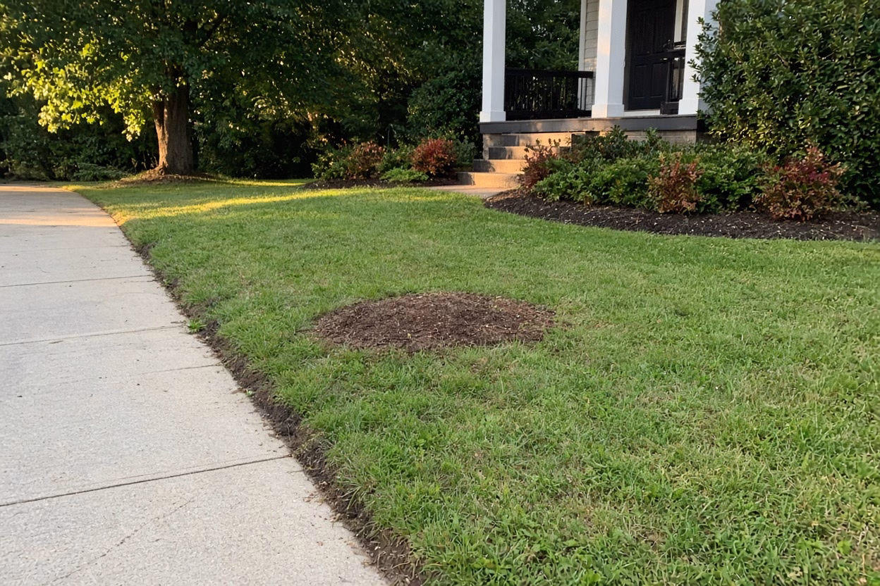 Smooth front lawn where a stump was ground below the grass — Stump Grinding in Greer