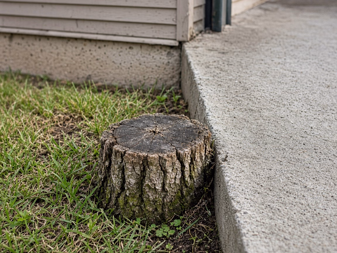 Stump tight against a concrete driveway edge before grinding — Stump Grinding in Greer