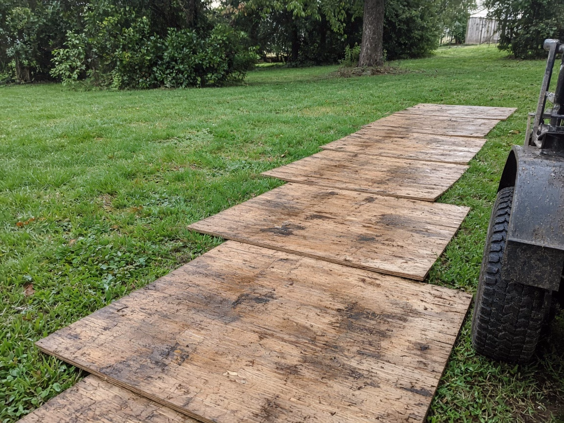 Ground protection mats under a stump grinder on wet grass — Stump Grinding in Greer
