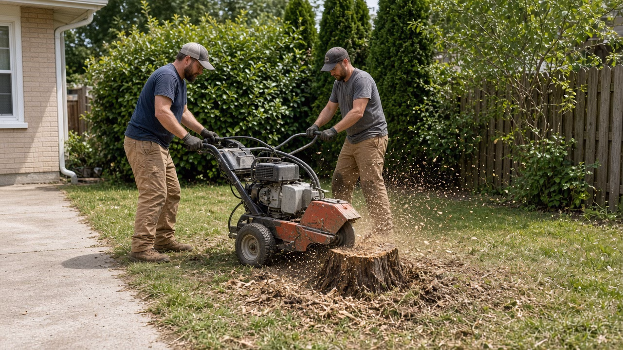 Crew running a stump grinder on a small residential lawn — Stump Grinding in Greer