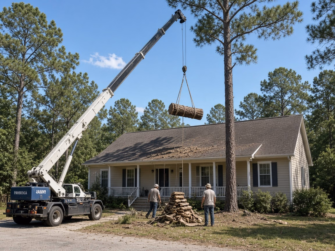 Stump grinder cutting a wide pine stump near a house — Tree Removal in Fountain Inn
