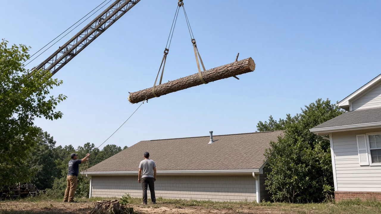 Crane lifting a pine log clear of a residential roof — Tree Removal in Fountain Inn