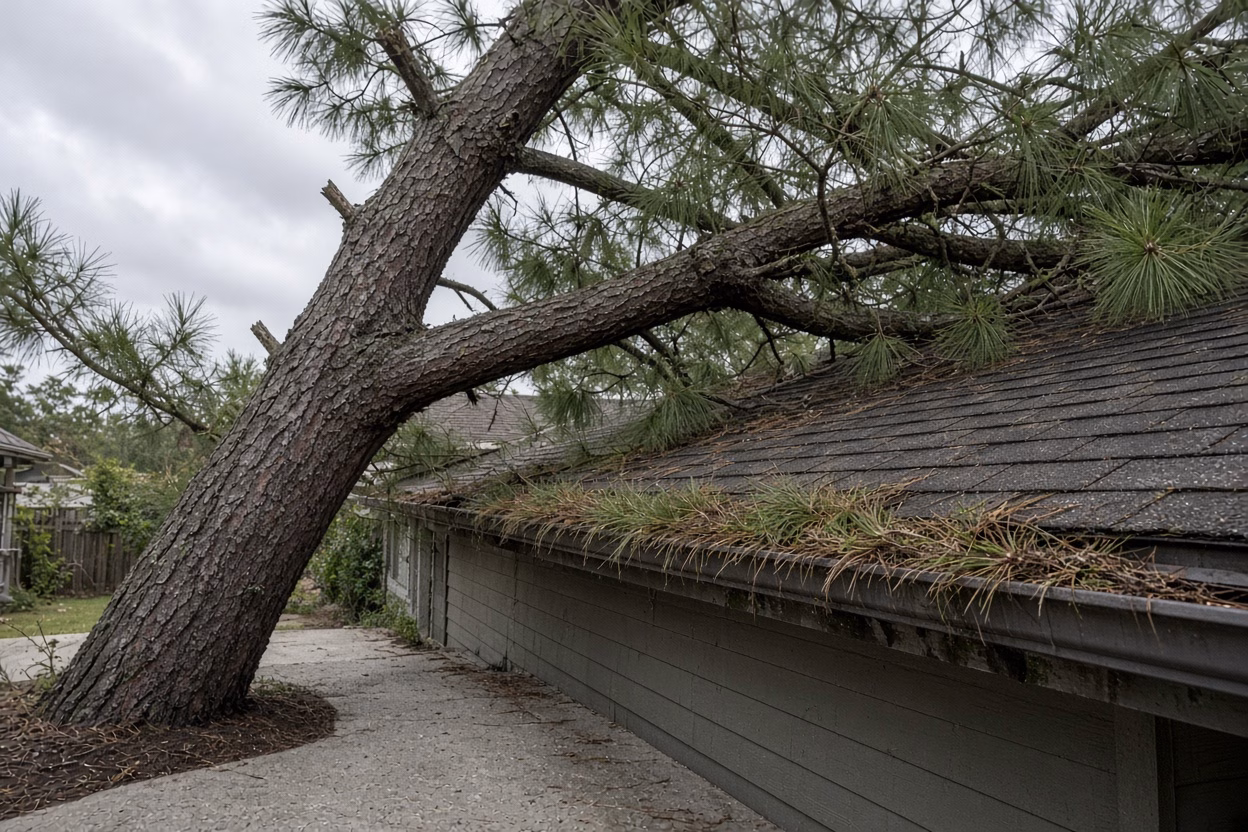 Loblolly pine leaning over a house roof and gutter — Tree Removal in Fountain Inn