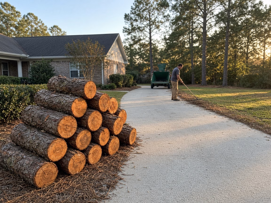Pine rounds set by a swept driveway after removal — Tree Removal in Fountain Inn