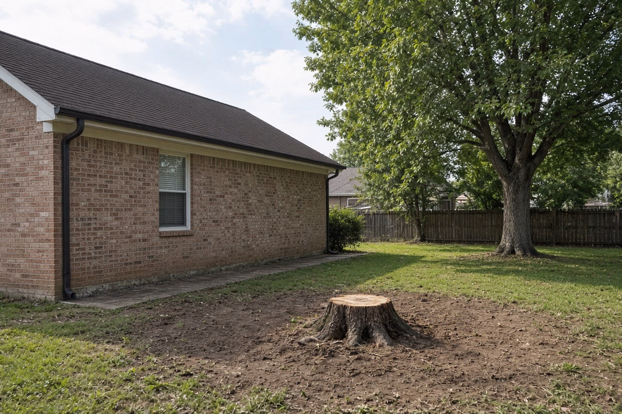 Open yard and clear roof after a large oak removal beside an older house — Tree Removal in Greer