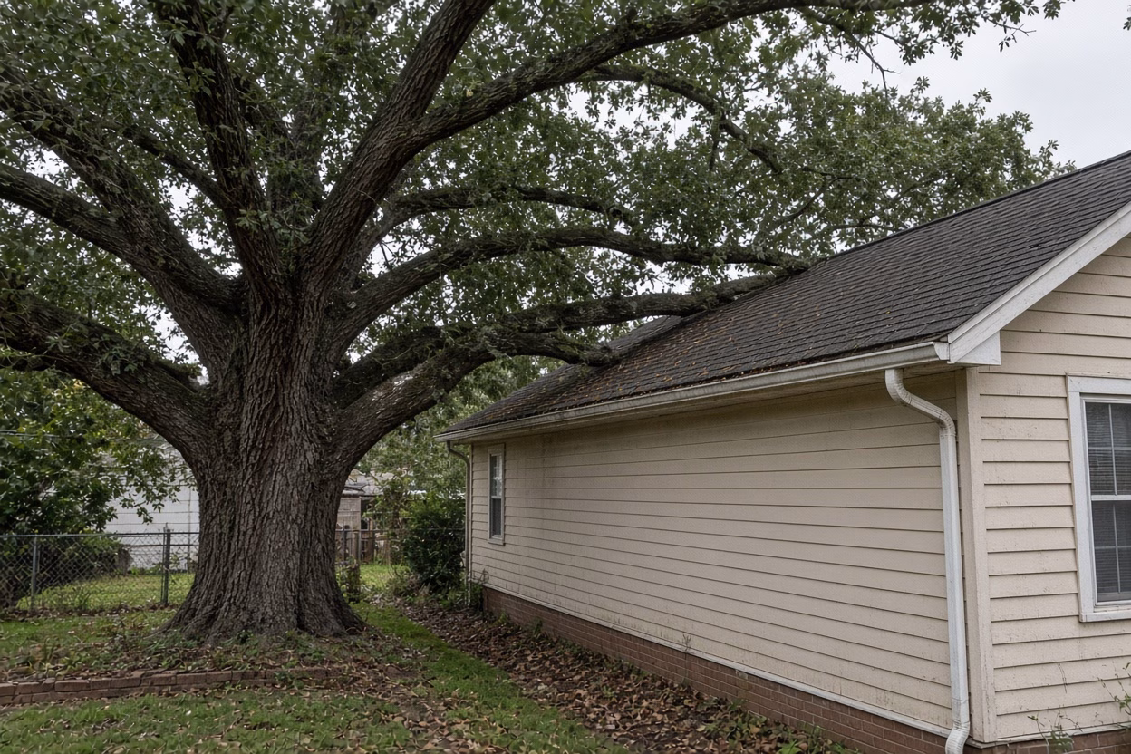 Mature oak limbs resting close over the roof of a small older house — Tree Removal in Greer