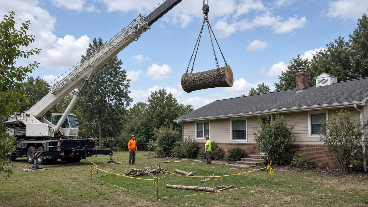 Crane lifting a trunk section over a small yard next to an older home — Tree Removal in Greer