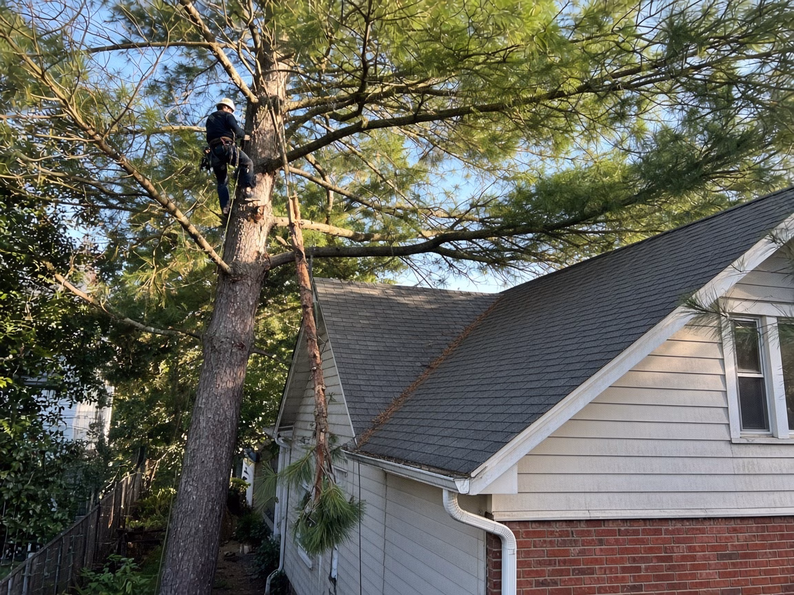 Climber rigging a pine limb above a roof on a tight residential lot — Tree Removal in Greer