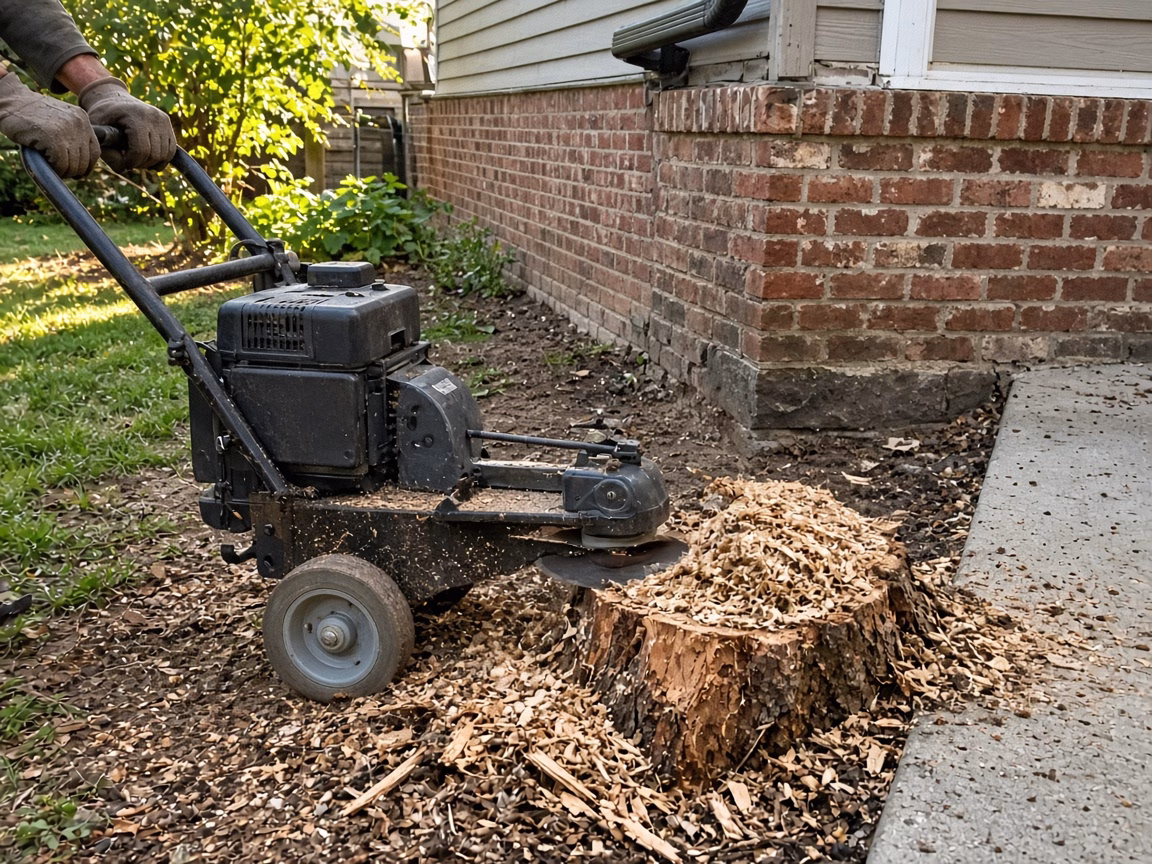 Stump grinder working a fresh stump near a walk beside an older house — Tree Removal in Greer