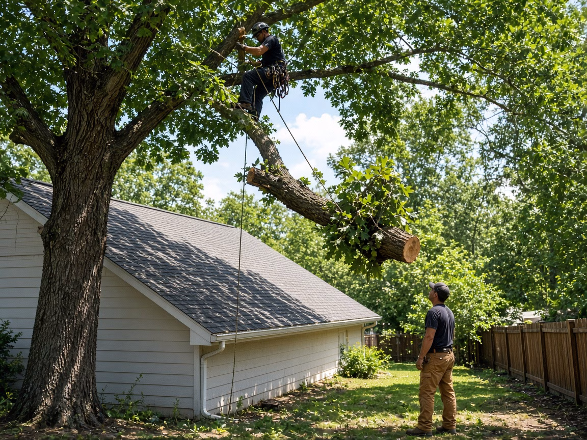 Climber lowering a cut oak limb on a rope — Tree Trimming in Fountain Inn