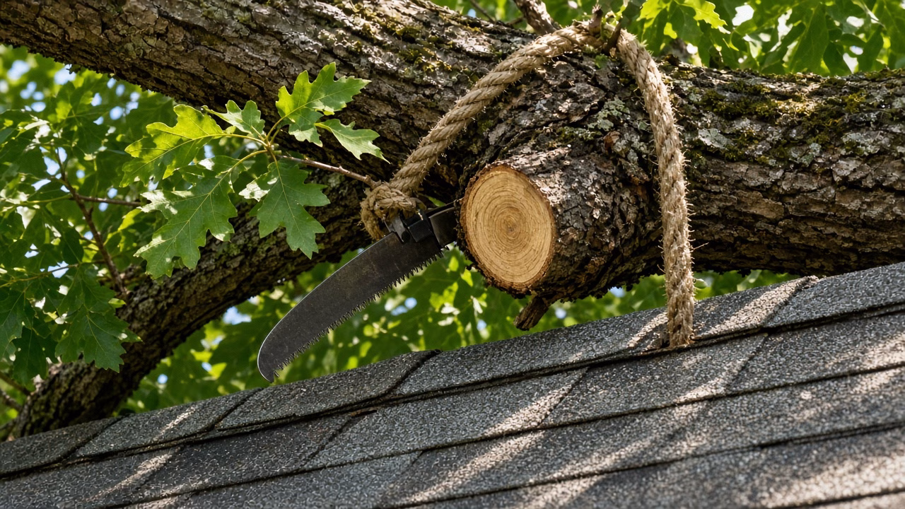 Rope and saw at a limb over a roof edge — Tree Trimming in Fountain Inn