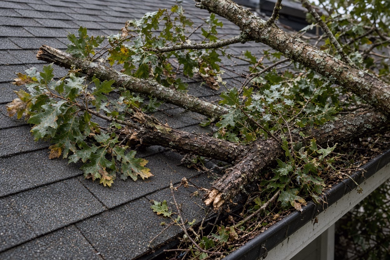 Oak limbs on shingles and a full gutter — Tree Trimming in Fountain Inn