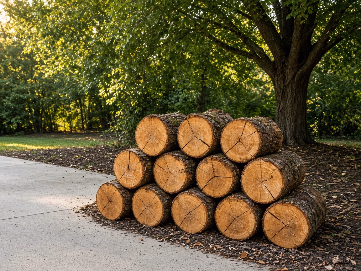 Firewood rounds stacked by a driveway after the trim - Tree Trimming in Greer