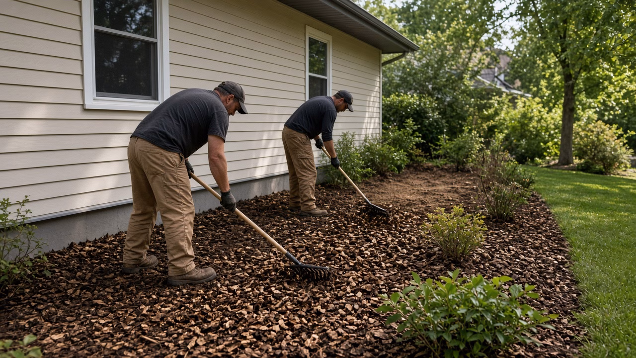 Crew raking wood chips across a foundation bed — Wood Chips for Sale in Fountain Inn