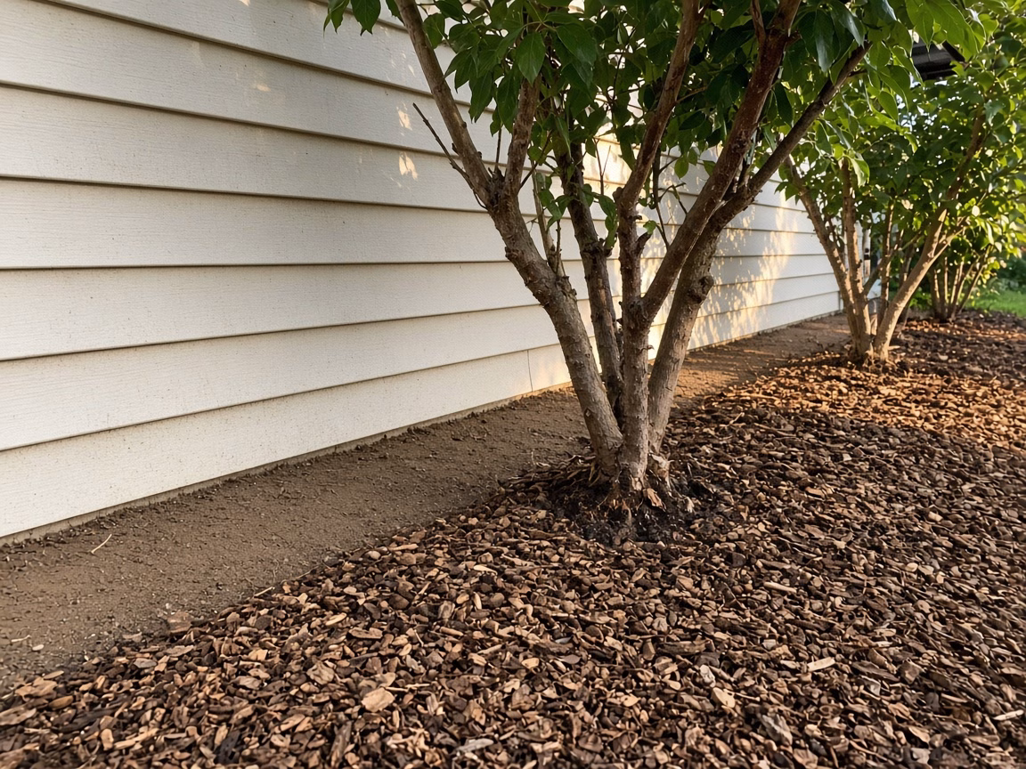 Chip mulch held off siding and shrub trunks — Wood Chips for Sale in Fountain Inn