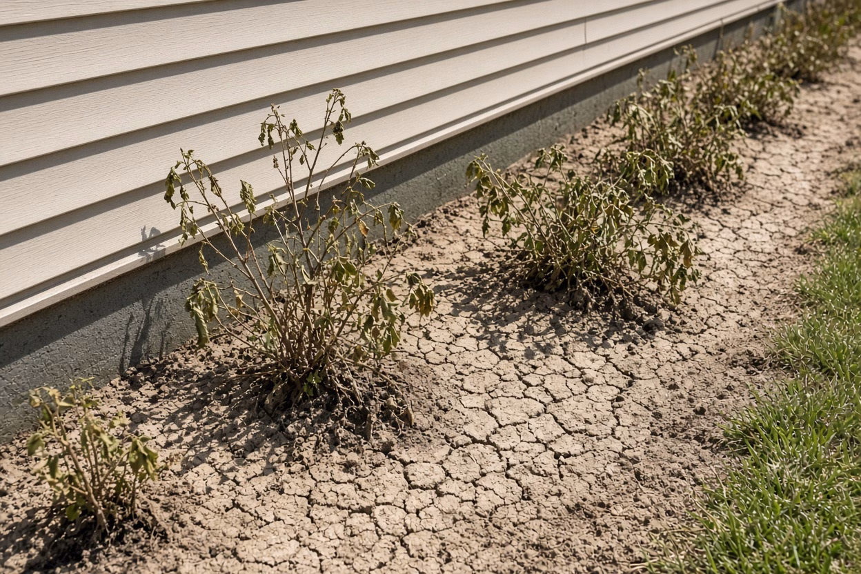 Pale cracked clay in a bare bed by a house — Wood Chips for Sale in Fountain Inn