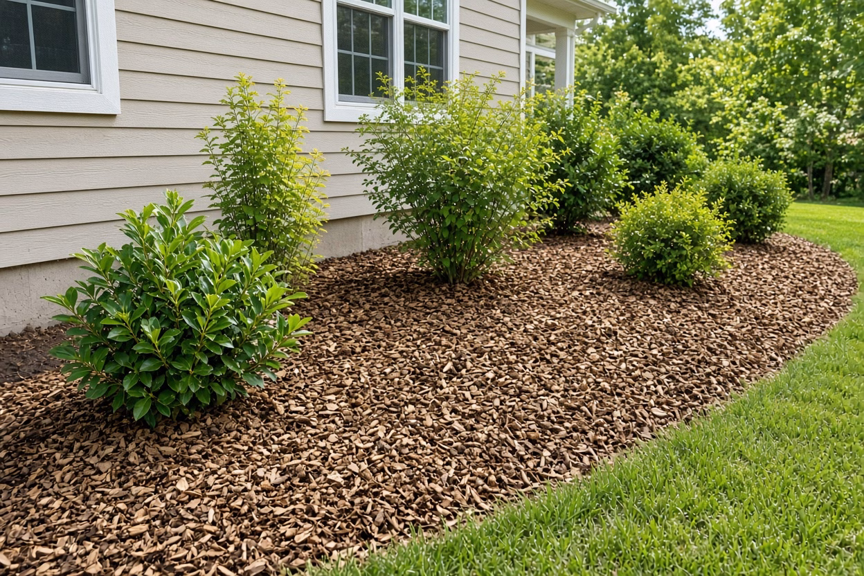 Even wood chip mulch on a summer foundation bed — Wood Chips for Sale in Fountain Inn