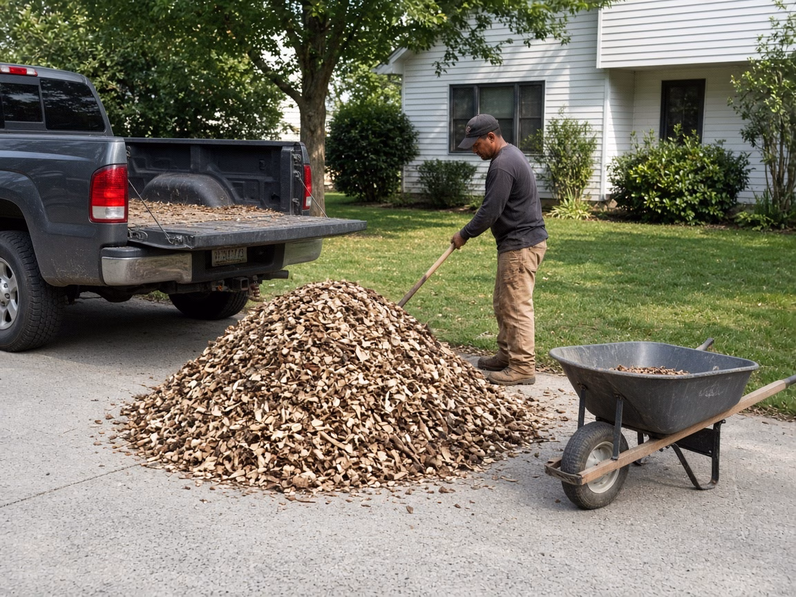 Fresh chip pile in a driveway beside a truck — Wood Chips for Sale in Fountain Inn